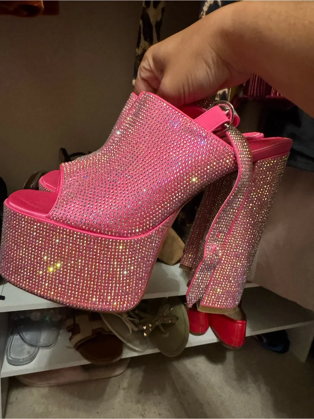 Azalea Wang BARBIE Pink Crystal-Embellished Platform Heels with Slingback Strap